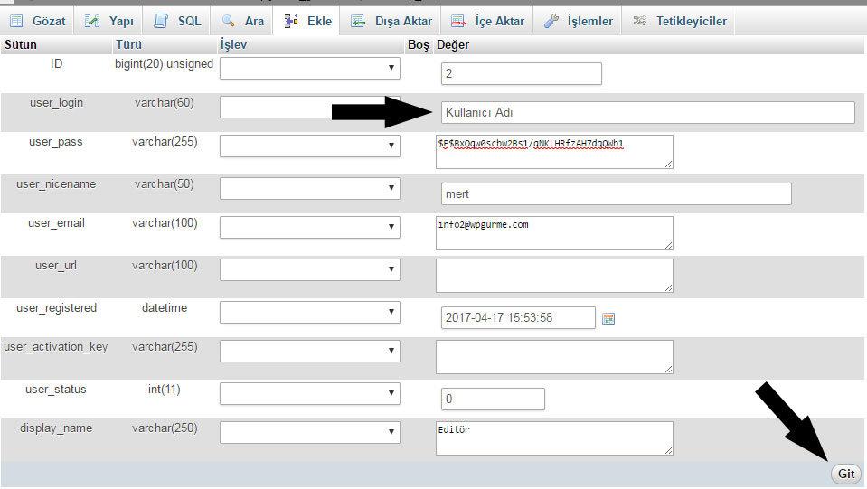 PhpMyAdmin den bir WordPress kullanıcı adını değiştirin