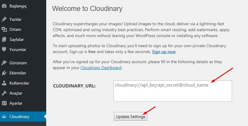 Cloudinary url girme ekranı
