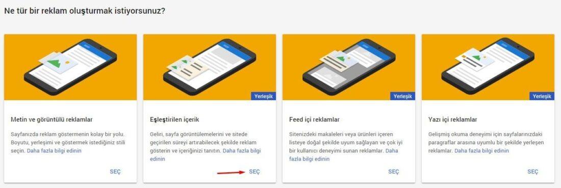 Reklam birimi seçim ekranı