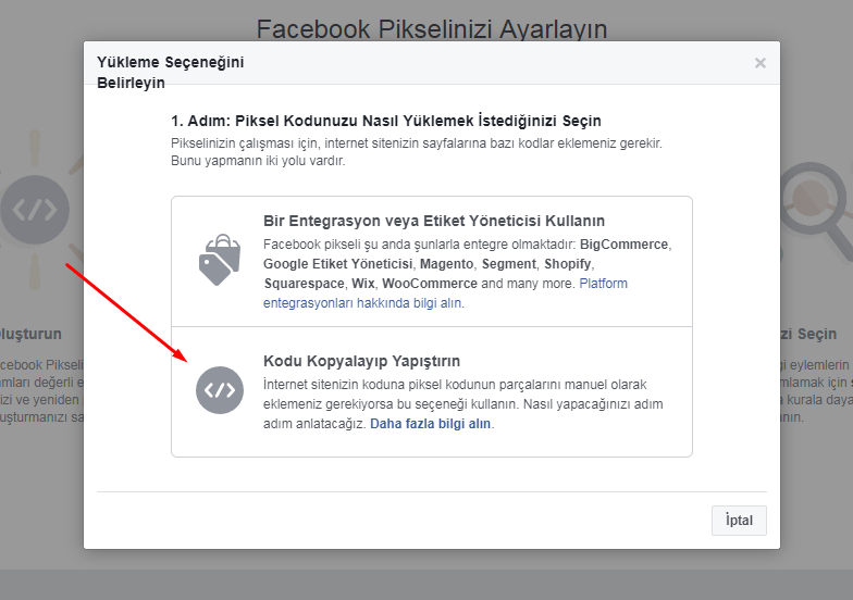 facebook piksel kodu seçimi