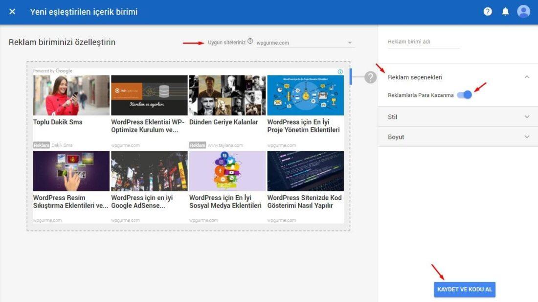 Google AdSense Eşleşen içerik reklam kodu