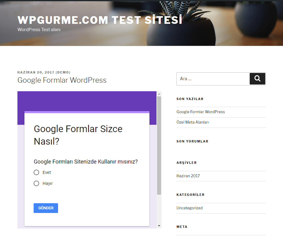 google formlar test sayfası