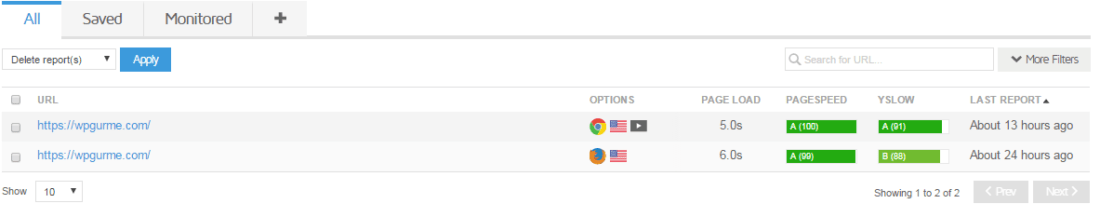 gtmetrix history sekmesi