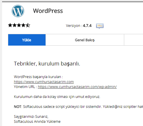 softaculous wordpress kurulum sonu