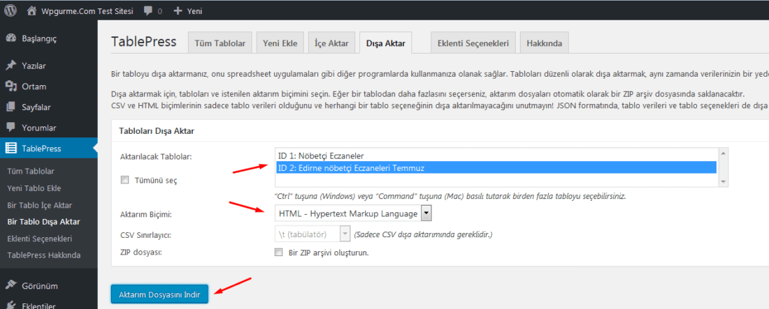 tablepress dışa aktarım ayarı
