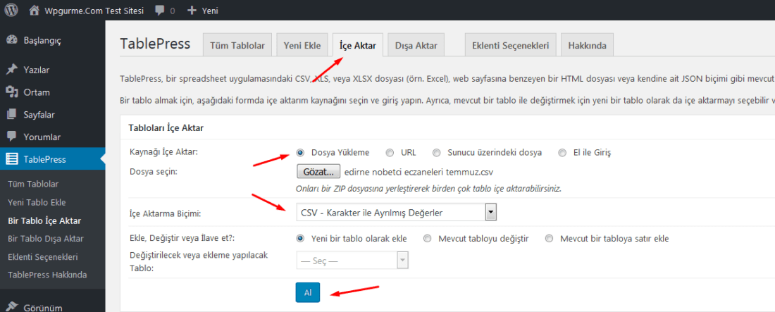 tablepress içe aktarma wordpress