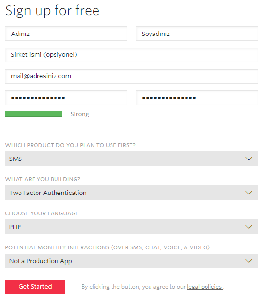 twilio kayıt sayfası