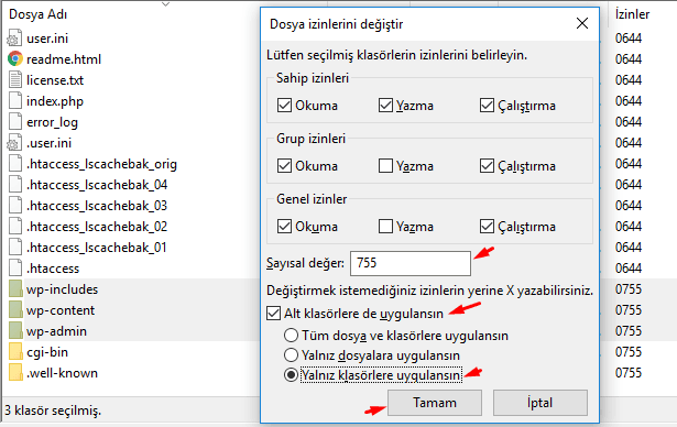 WordPress klasör ve alt klasörlere chmode ayarlama