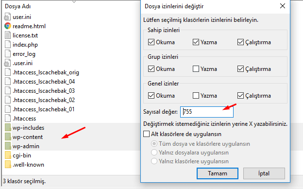 wordpress klasör izinleri nasıl olmalı
