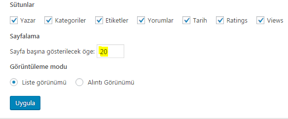wordpress ekran tercihleri