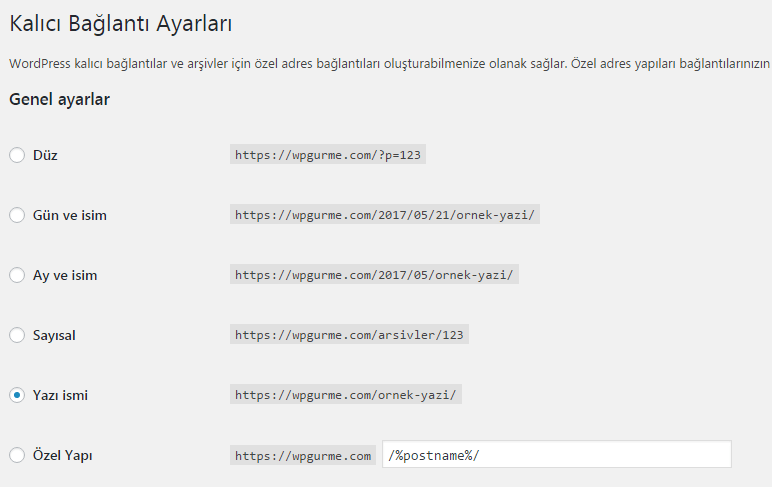 wordpress kalici baglanti ayarlari