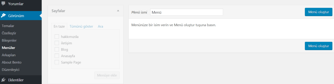 wordpress menu olusturma
