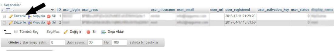 wordpress phpmyadmin wp_users tablosu