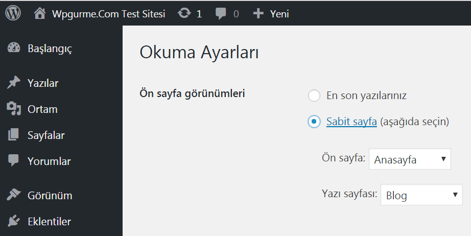 wordpress sabit sayfa ayari
