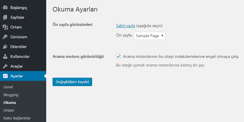 wordpress sabit sayfa ayarı