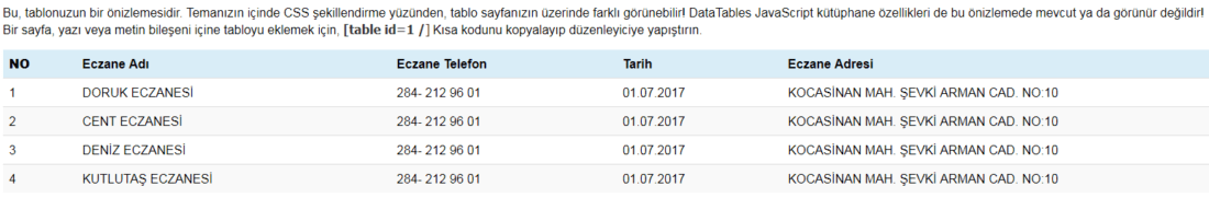 wordpress tablo önizleme tablepress