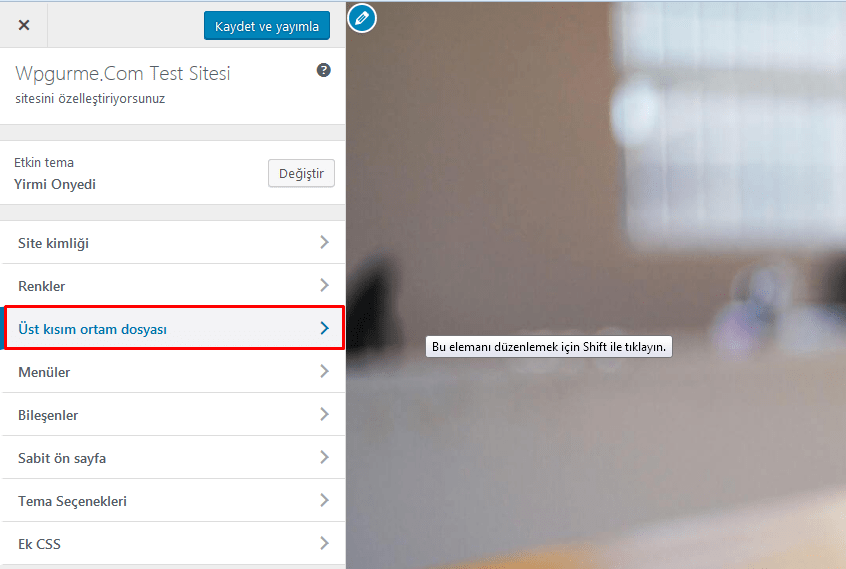 wordpress üst kısım ortam dosyası değiştirme