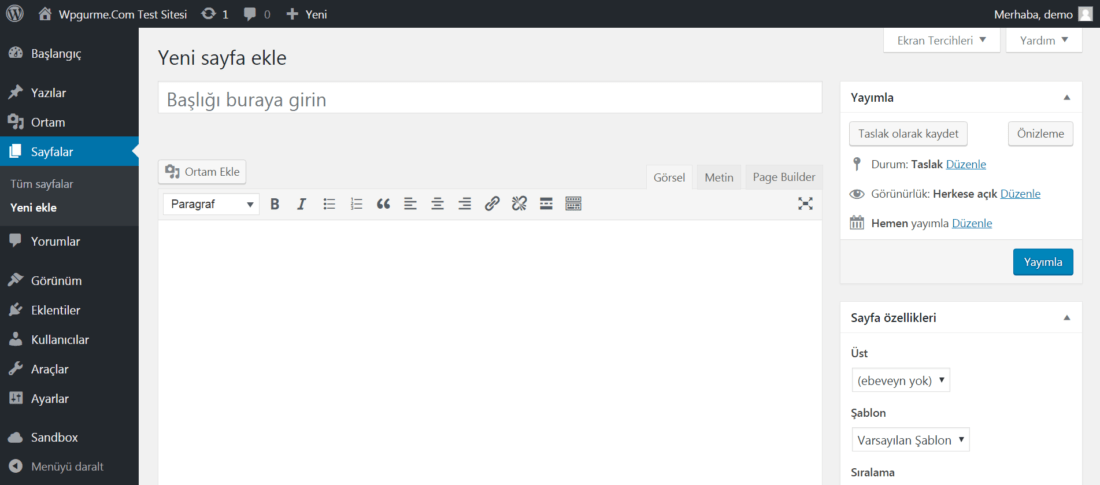 wordpress yeni sayfa ekleme