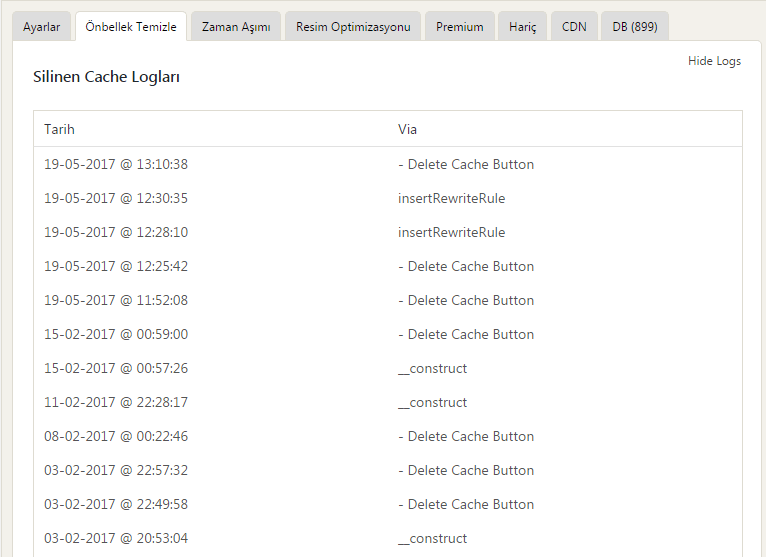 wp fastest cache onbellek temizleme show logs