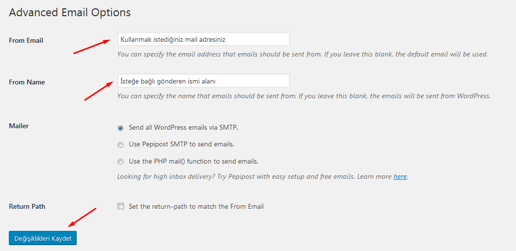 wp stmp mail gönderici ayarları
