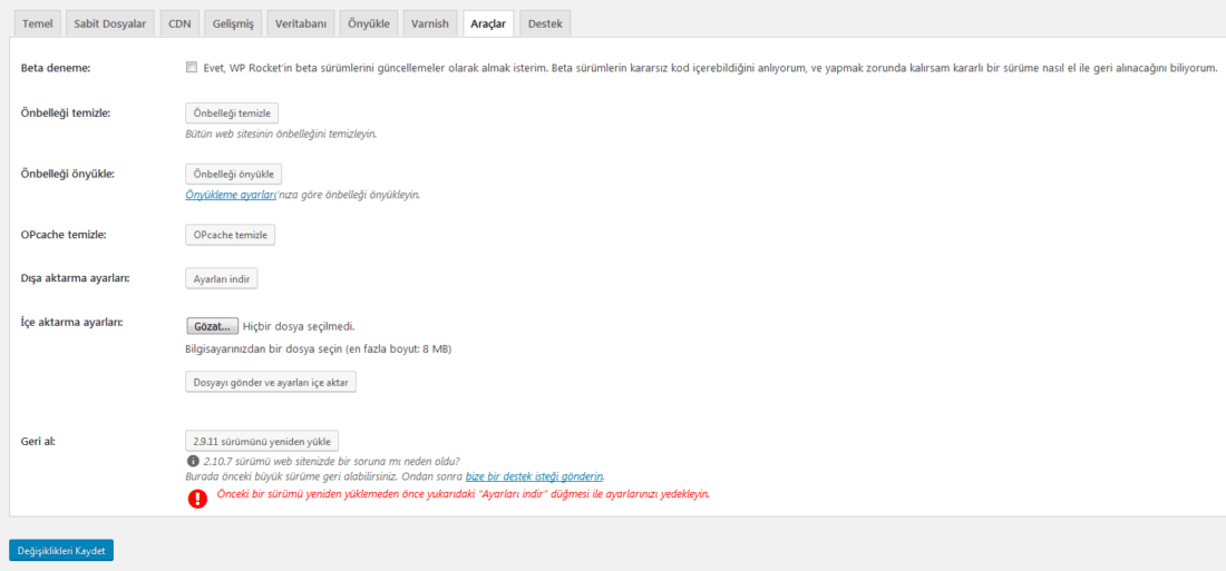 WP Rocket Ara&ccedil;lar sekmesi