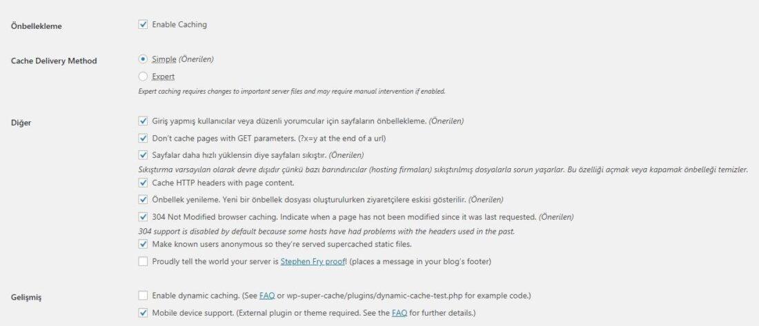 WP Super Cache Gelişmiş Ayarlar
