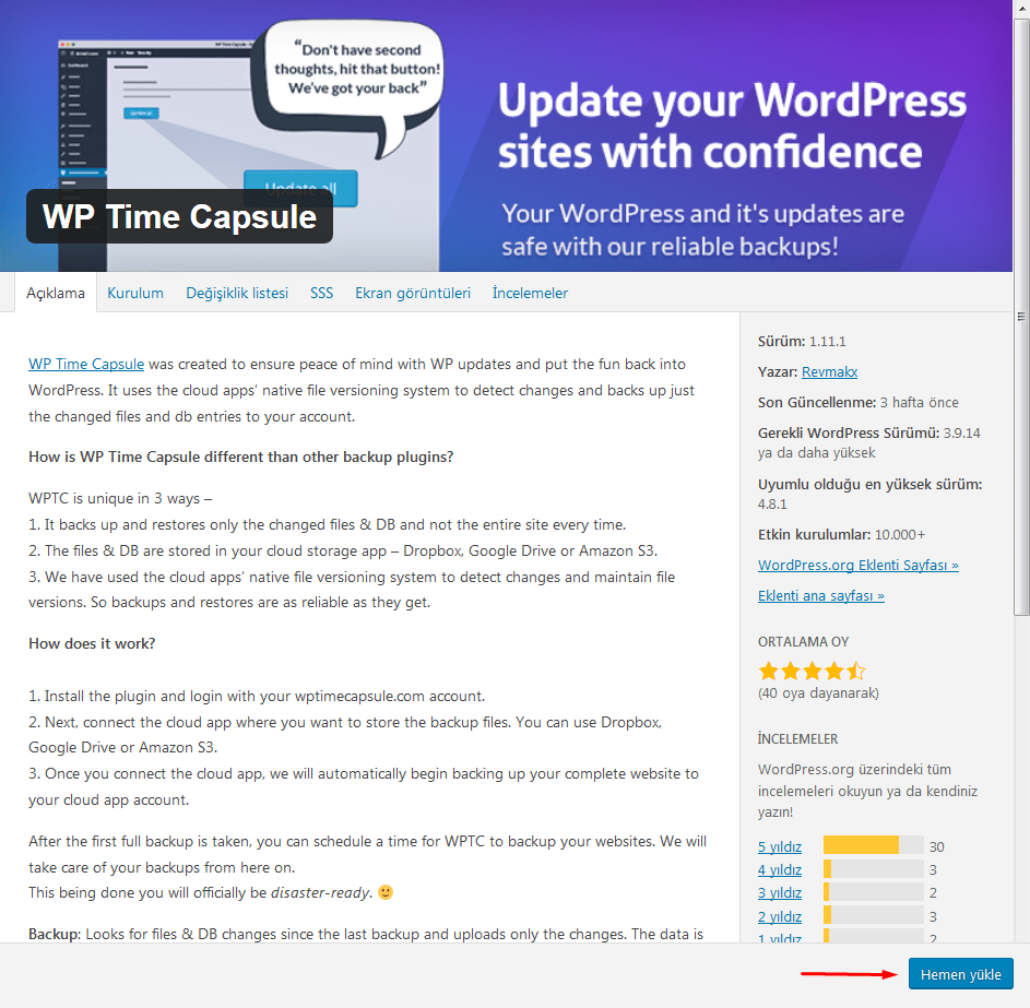 wp time capsule eklenti kurulum sayfası