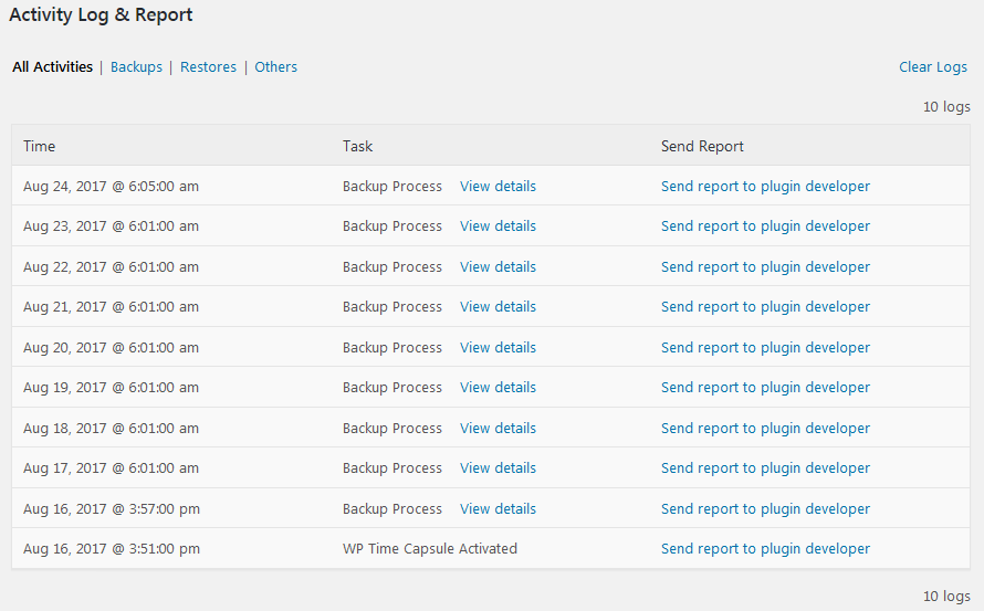 wp time capsule log kayıtları