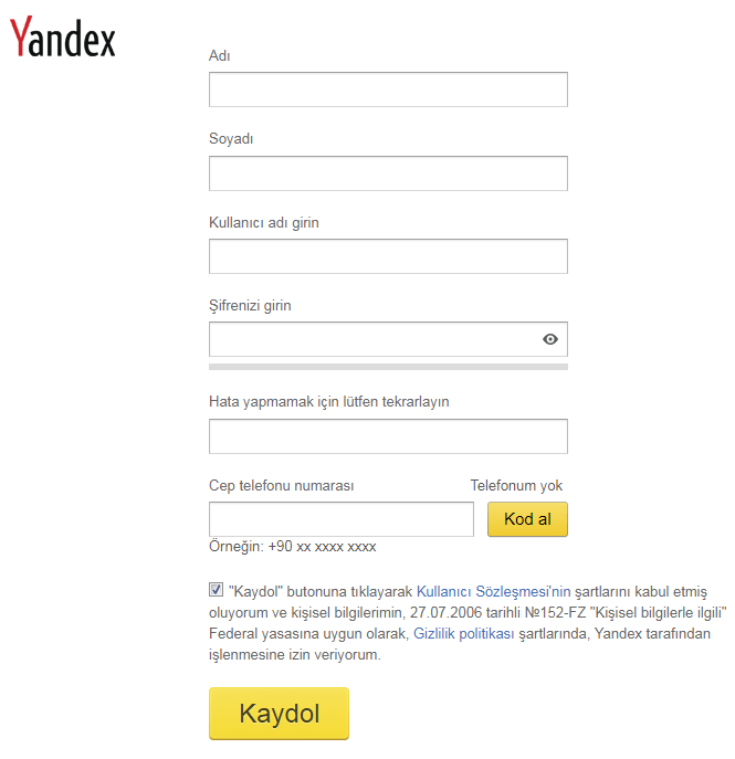 yandex kayıt formu
