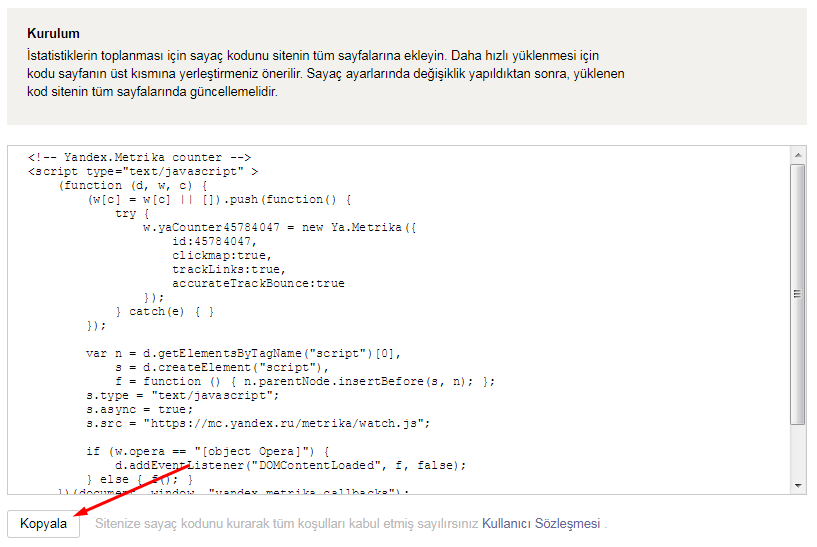 yandex metrica sayaç kodu
