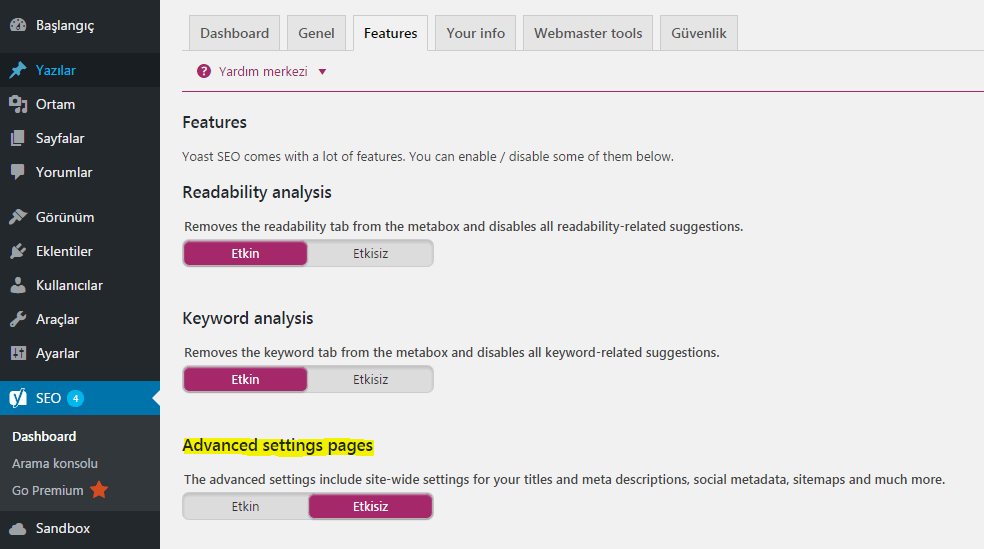 yoast seo features gelismis secenekler